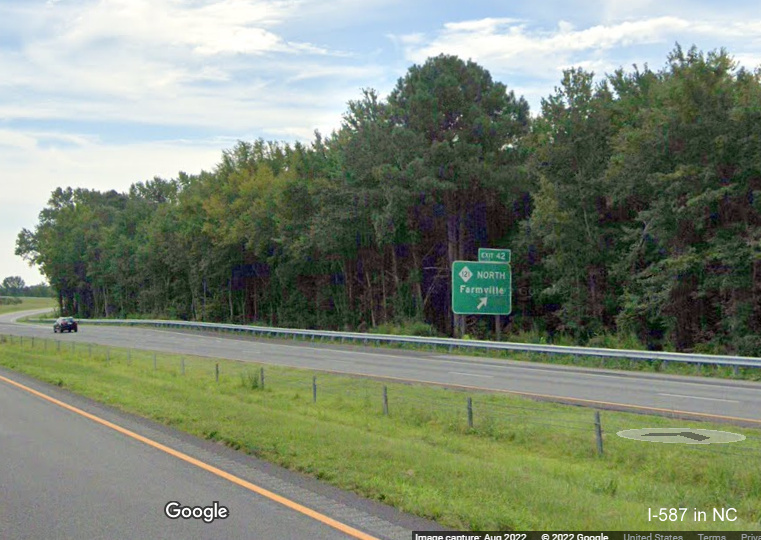 Image of ground mounted ramp sign for NC 101 exit on I-587 East with new I-587 milepost based exit number, Google Maps Street View, August 2022