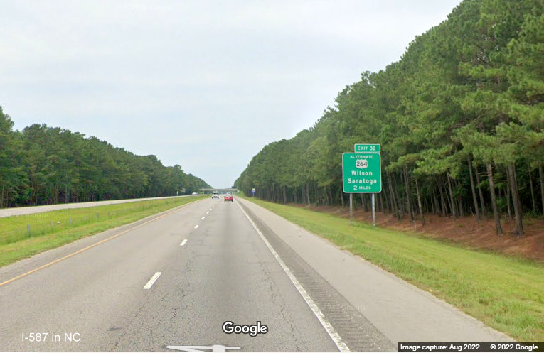 Image of 1/2 mile advance sign for US 264 East/Alt. US 264 West exit on I-587 West with new I-587 milepost based exit number, Google Maps Street View, August 2022
