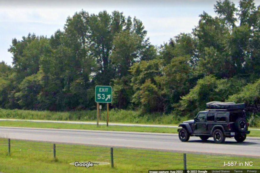 Image of gore sign for Mozingo Road exit on I-587 East with new I-587 milepost based exit number, Google Maps Street View, August 2022