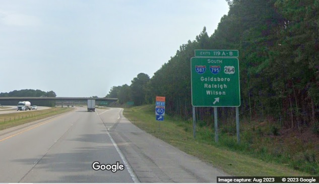Image of new overhead ramp sign with I-587 shield on I-95 North in Wilson, Google Maps Street View, August 2023