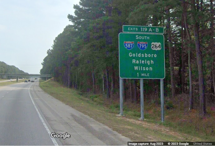 Image of new 1 Mile advance sign with I-587 shield on I-95 North in Wilson, Google Maps Street View, August 2023