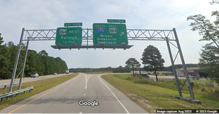 Image of new C/D ramp sign with no I-587 shield on I-95 North in Wilson, Google Maps Street View, August 2023