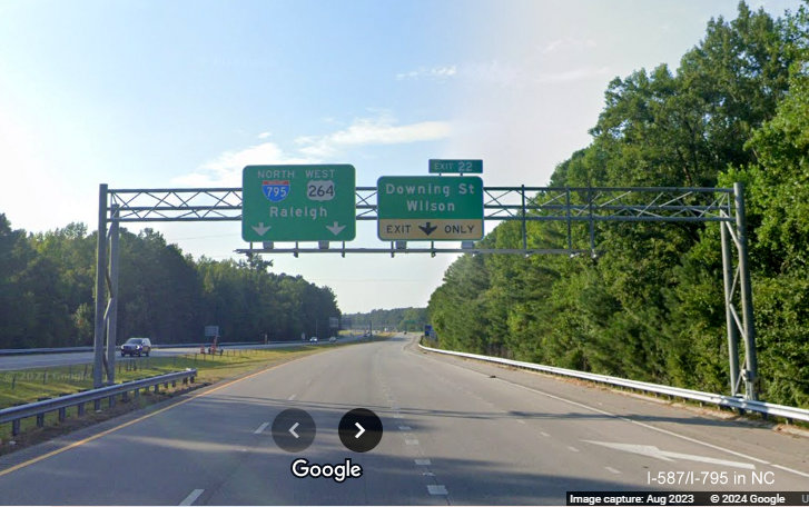 Image of overhead signage for US 301 exit on I-795 North in Wilson still without I-587 shields, 
      Google Maps Street View, August 2023