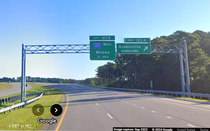 Image of newly updated I-587 West 1/4 Mile advance overhead sign on US 264 East/NC 11 Bypass North in Greenville, Google Maps Street View, September 2023