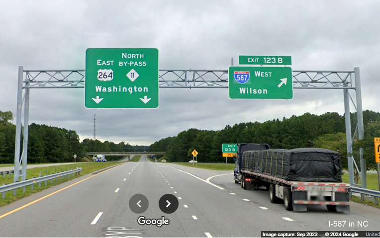 Image of overhead ramp signage at exit for I-587 West on US 264 East with lack of I-587 shield,
                                         Google Maps Street View, May 2023