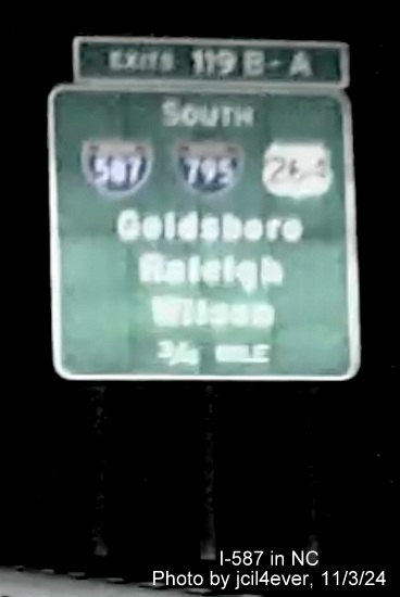 Image of new 3/4 Mile advance sign with I-587 shield on I-95 South in Wilson, by jcil4ever, November 2024