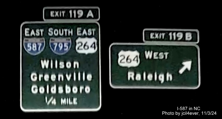 Image of new 1/4 Mile advance sign with I-587 shield on I-95 South C/D ramp in Wilson, by jcil4ever, November 2024