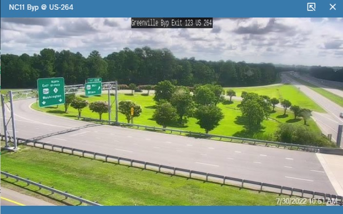 NCDOT traffic camera image of I-587 East exit on US 264 East/NC 11 Bypass North, July 2022