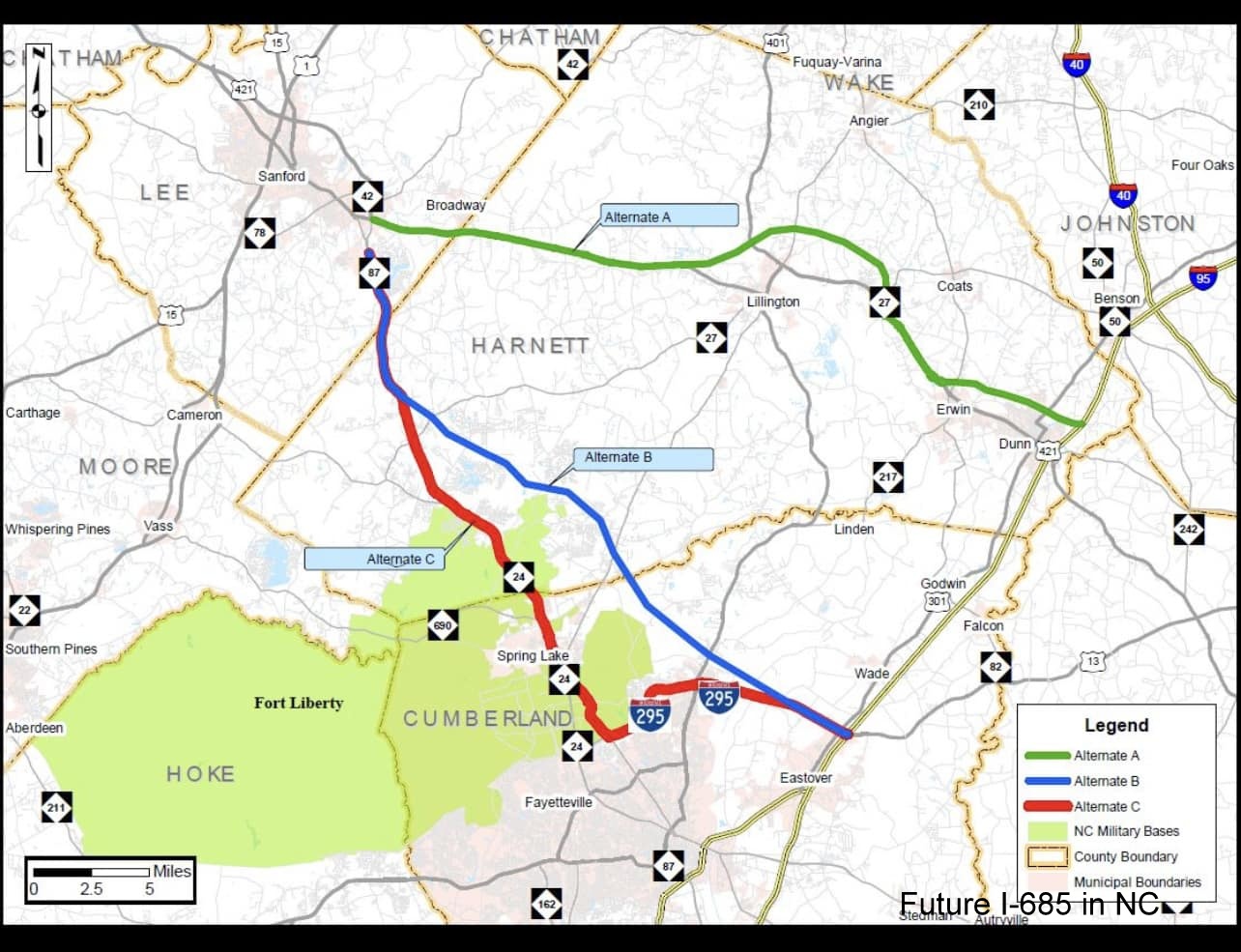 Image of map of I-685 south of Sanford alternative, possible by NCDOT, 2024