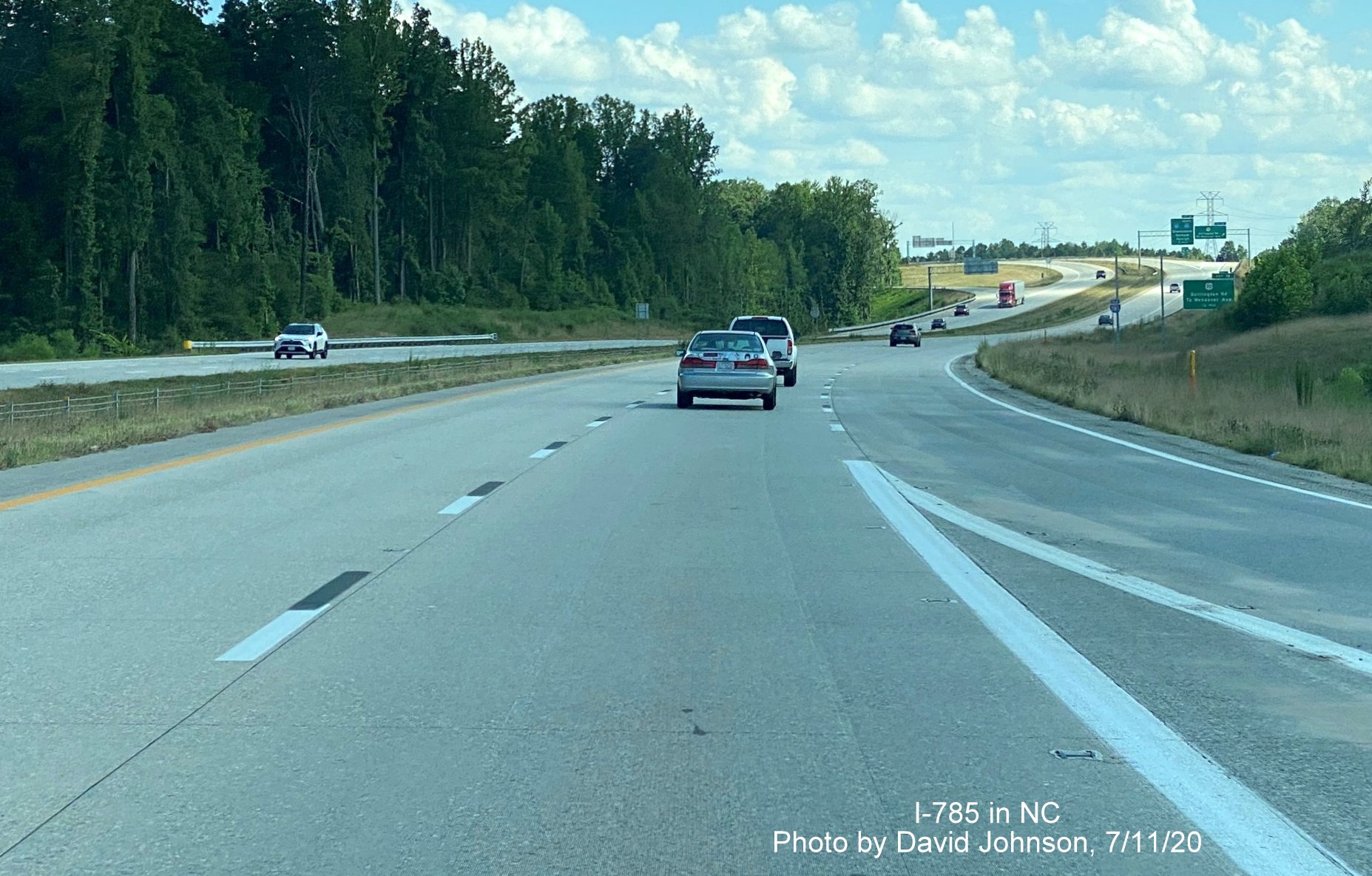 Image of I-785 South Greensboro Loop roadway after Huffine Mill Road exit, by David Johnson July 2020