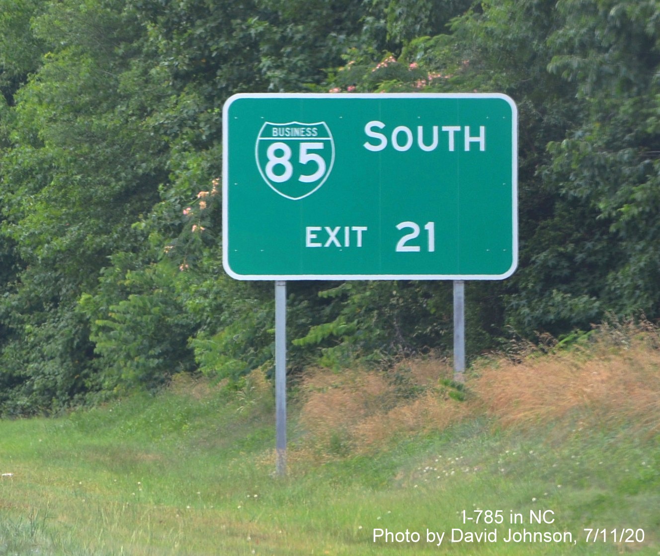 Image of auxiliary sign for Business 85 South prior to end of I-785 South Greensboro Urban Loop at I-40/I-85 interchange, by David Johnson July 2020