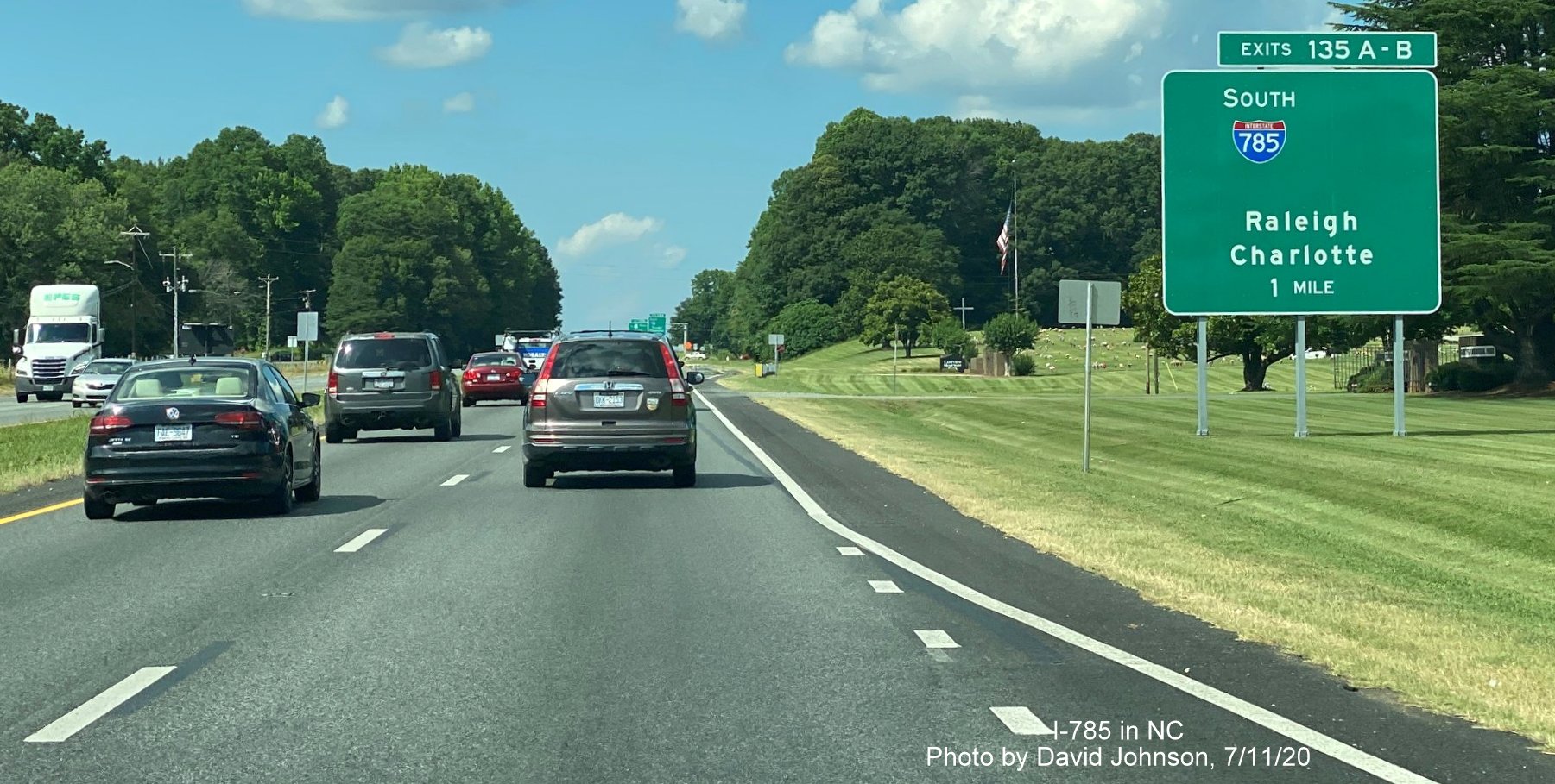 Image of ground mounted 1-Mile advance sign for I-785 South Greensboro Urban Loop on US 29 North, by David Johnson July 2020