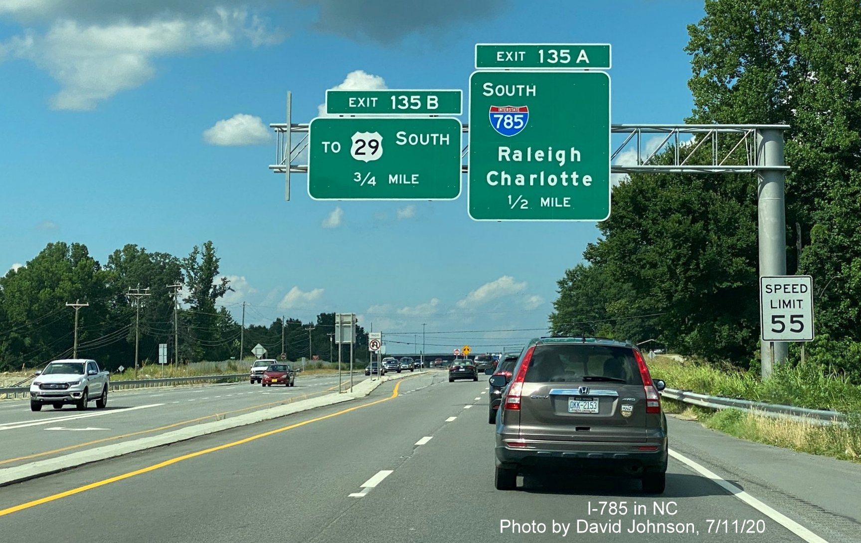 Image of 1/2 mile advance overhead signage approaching I-785 South Greensboro Urban Loop on US 29 North, by David Johnson July 2020