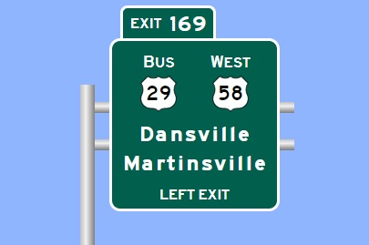 Sign Maker image of North US 29 Business/West US 58 exit on US 29 (Future I-785) North at Virginia border, made in January 2023