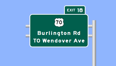Sign Maker image of US 70 exit on I-785/Greensboro Loop, made January 2023