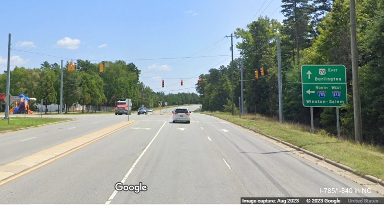 Image of new ramp signage with I-840 shield along US 70 at Greensboro Urban Loop, Google Maps Street View image, August 2023