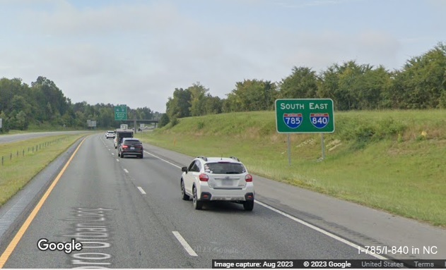 Image of new reassurance marker signage with I-785 and I-840 shield signs along Greensboro Urban Loop, Google Maps Street View image, August 2023