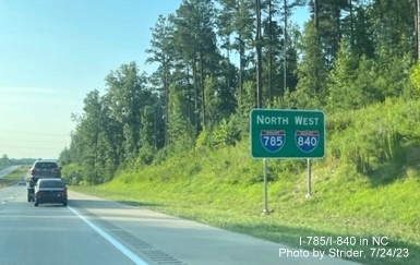 Image of newly placed North I-785/West I-840 reassurance marker sign placed after the I-85/I-40 exit 
                                                on Greensboro Urban Loop, photo by Strider, July 2023