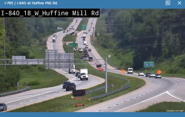 Image of newly placed North I-785/West I-840 reassurance marker sign on Greensboro Urban Loop after Huffine Mill Road shown on NCDOT traffic camera, July 2023