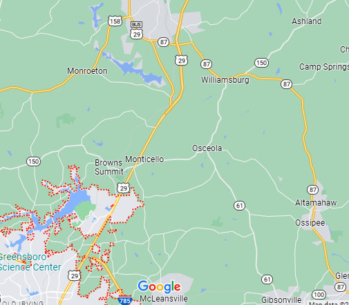 Google Maps image of Segment 2 of I-785 along US 29 between Greensboro Urban Loop and US 29 Business in Reidsville, December 2022