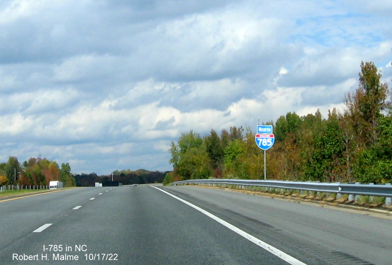 Image of North I-785 reassurance marker after I-85/I-40 exit on Greensboro 
                  Urban Loop, October 2022