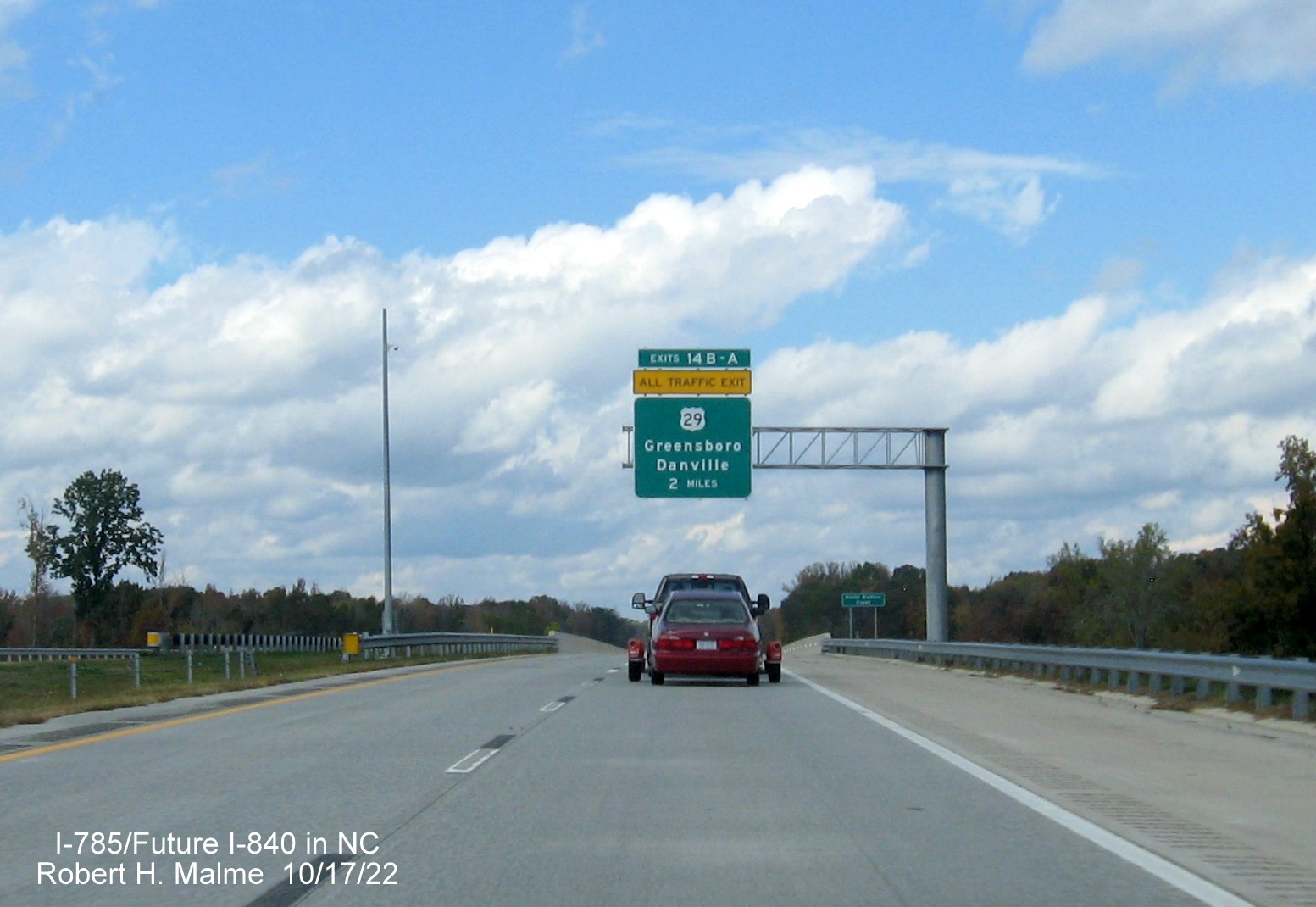 Image of 2 miles advance sign for US 29 (Future I-795 North) exit on Greensboro 
                  Urban Loop, October 2022