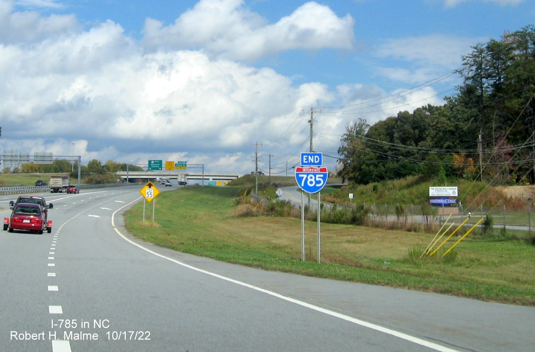 Image of End I-785 sign on ramp to US 29 North from Greensboro Urban Loop, October 2022