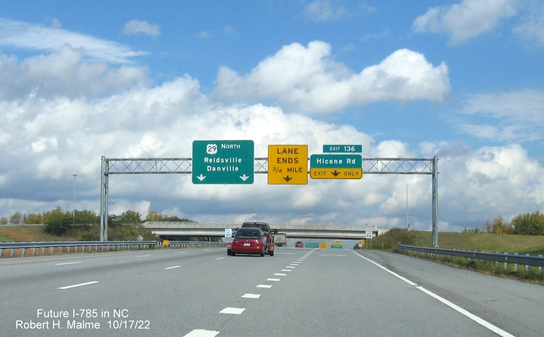 Image of 1/4 mile advance overhead sign for Hicone Road section on US 29 North, October 2022
