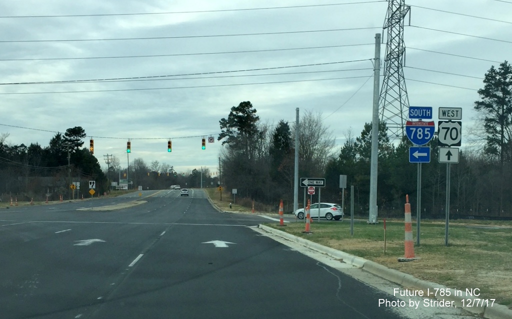 Image of newly placed South I-785 and East US 70 trailblazers at on-ramp to Greensboro Loop South on-ramp, by Strider