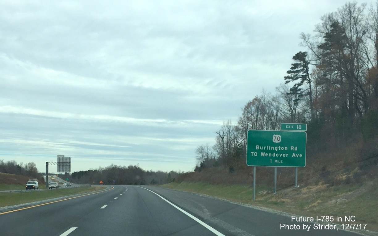 New US 70 1 Mile advance sign on I-785/Greensboro Loop North, by Strider