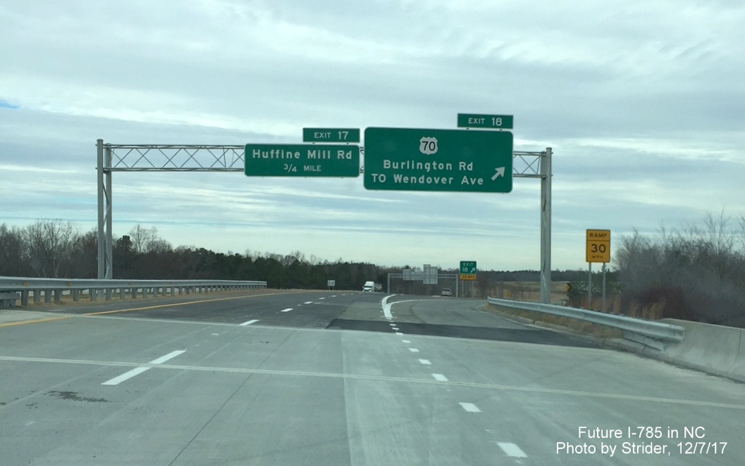 Image of overhead signs at US 70 exit on I-785/Greensboro Loop North, by Strider