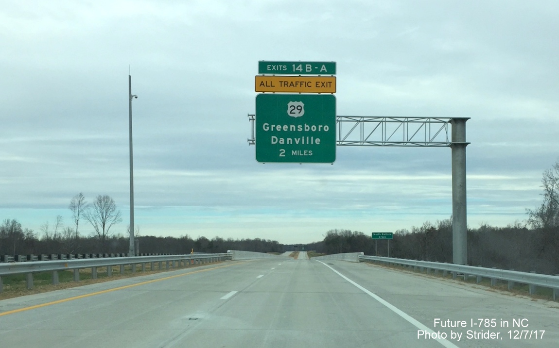 Image of 2-Mile advance overhead sign for US 29 exit(s) on I-785/Greensboro Loop North, by Strider