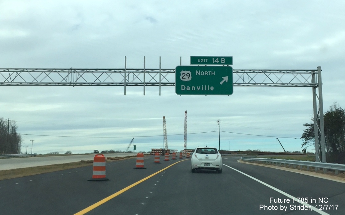 Image of overhead signage on C/D lane for US 29 exit on I-785/Greensboro Loop North, blank space for future southbound ramp sign, by Strider