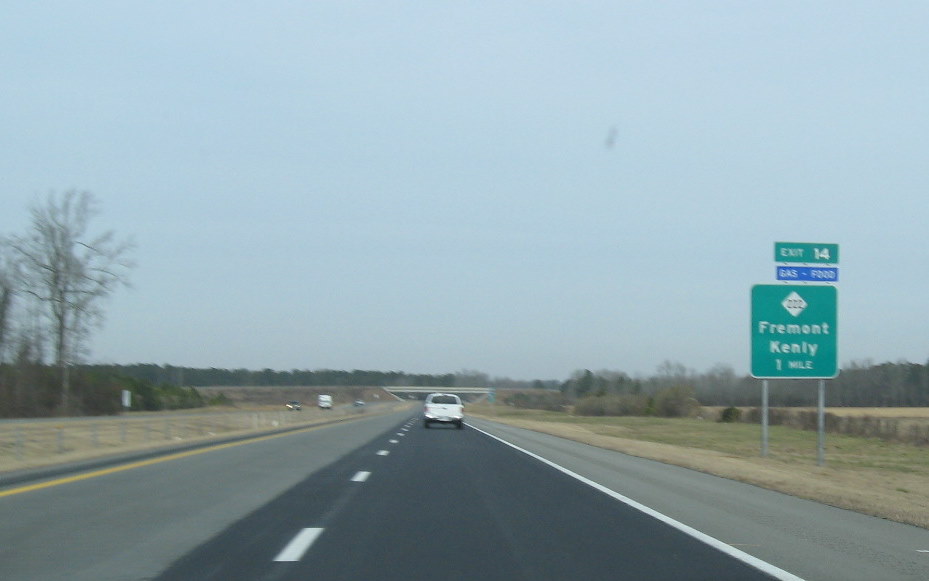 Photo of NC 222 exit signage off of I-795 South showing new Exit number, Jan. 
2010