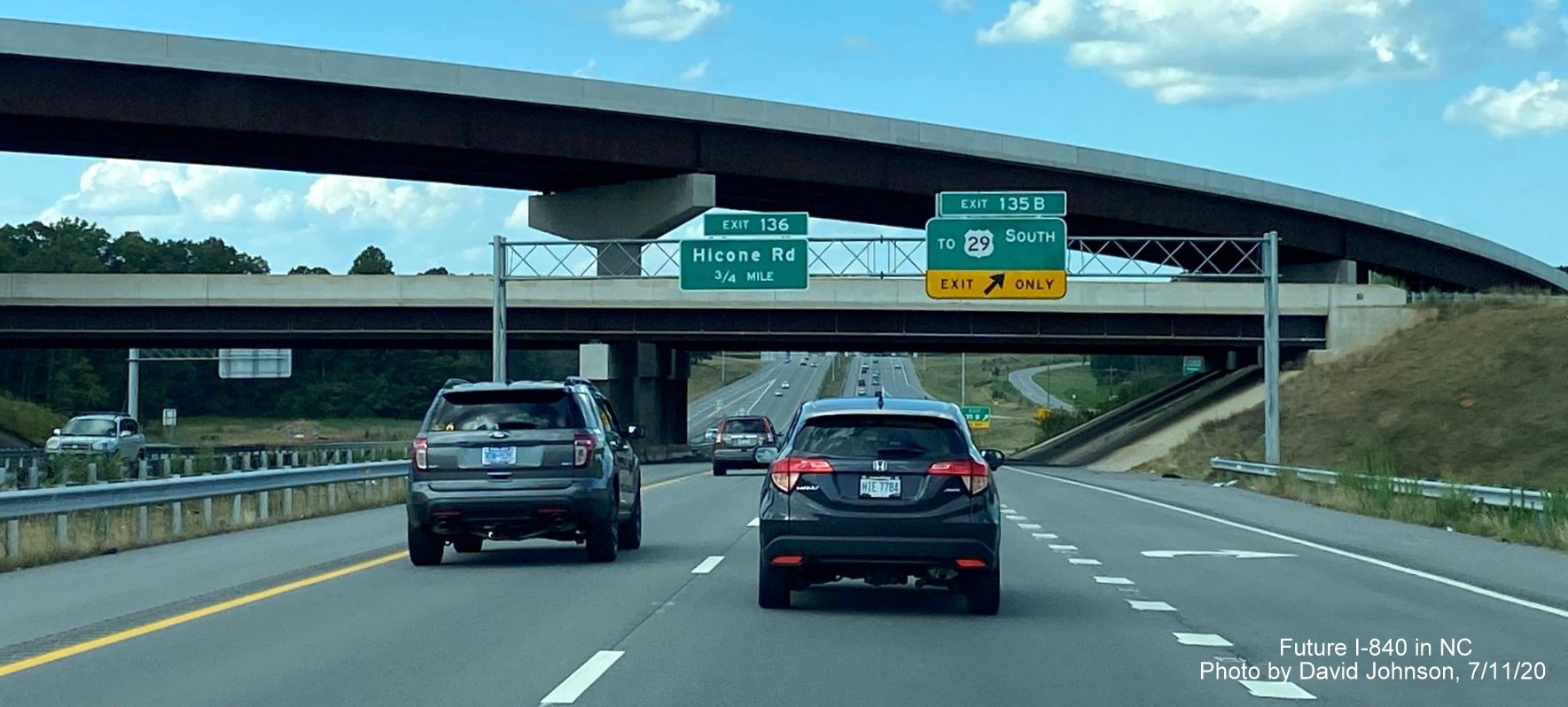 Image of overhead signage on US 29 North at Greensboro Urban Loop at future ramp to I-840 West, by David Johnson July 2020