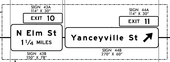 Image of NCDOT sign plans for overhead exit signs for N Elm St and Yanceyville St on I-840/Greensboro Loop