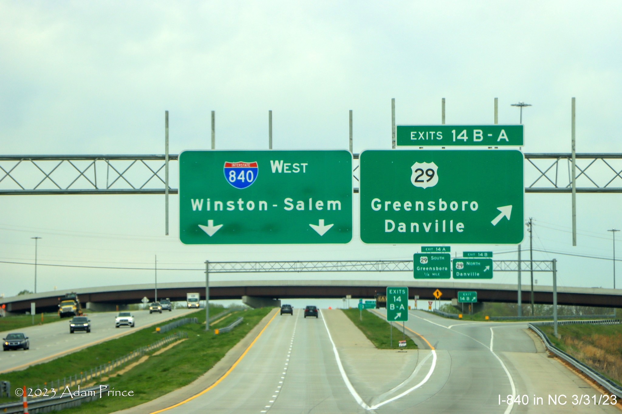 Image of I-840 West pull through sign at the US 29 (Future I-785 North) exit at the start of the 
            new section of I-840, Adam Prince, March 2023