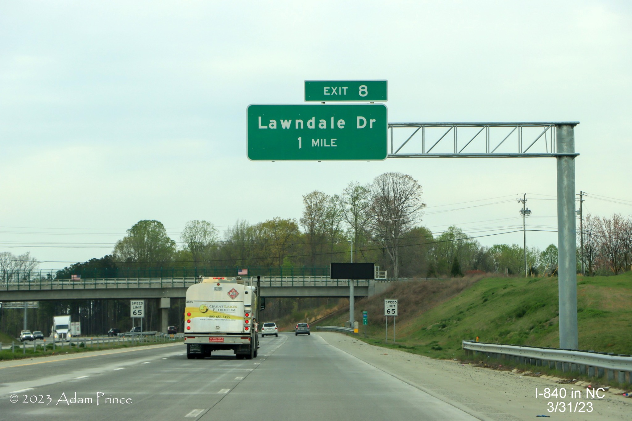 Image of 1 mile advance sign for Lawndale Drive exit on I-840 West/Greensboro Urban Loop, Adam Prince, 
             March 2023