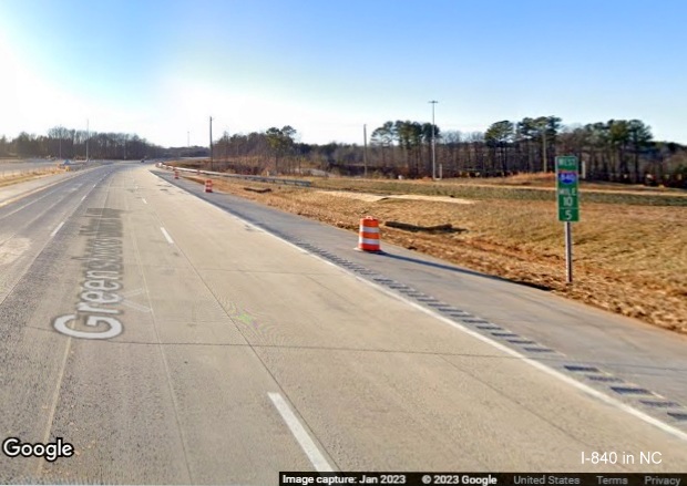 Image of mile marker on I-840 West/Greensboro Urban Loop, Google Maps Street View, January 2023