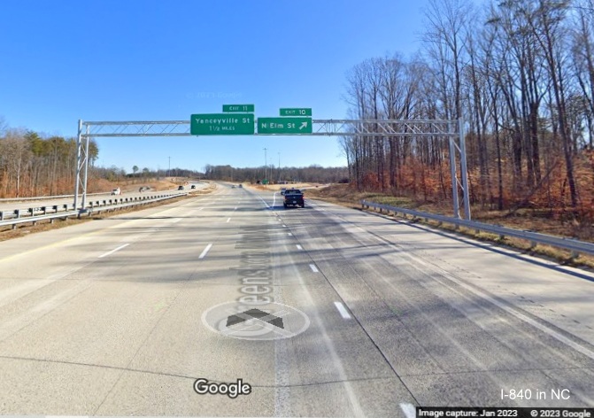 Image of signage at former end of I-840 East/Greensboro Urban Loop at North Elm Street, Google Maps Street View, January 2023