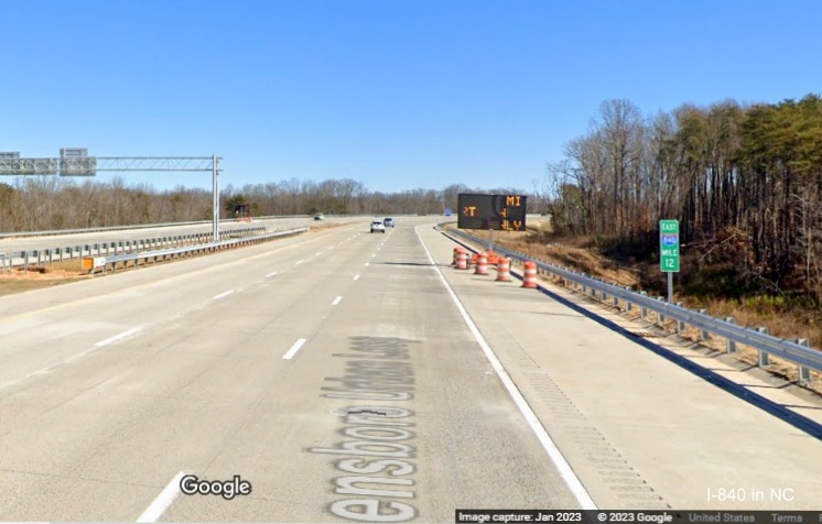 Image of variable message board used as advance sign for US 29 (Future I-785 North) exit on I-840 East/Greensboro Urban Loop, Google Maps Street View, January 2023