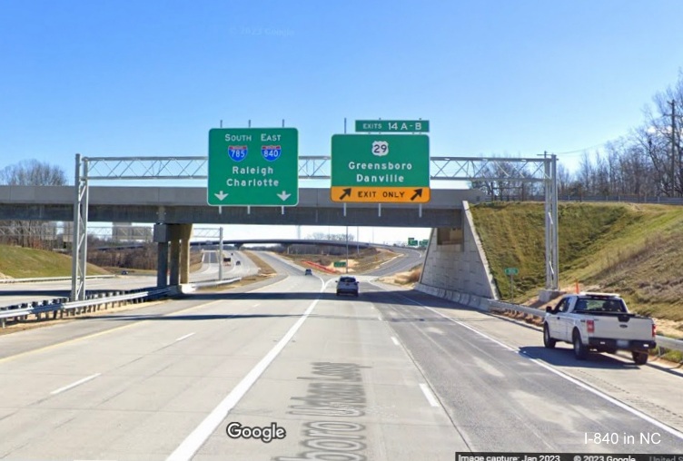 Image of overhead signage including I-785/I-840 pull through on                                   
        I-840 East/Greensboro Urban Loop at the US 29 exit, Google Maps Street View, January 2023