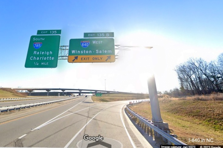 Image of overhead signage at future I-785 South/I-840 interchange                                   
        at the US 29 exit, Google Maps Street View, January 2023