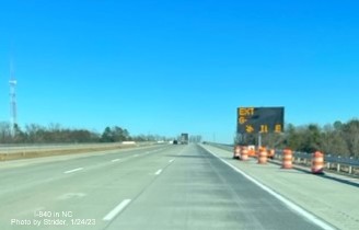 Image of temporary advance sign for US 29 exits on East I-840 East/Greensboro Urban Loop, photo by Strider, January 2023