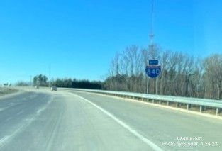 Image of new West I-840 East reassurance marker on new section of Greensboro Urban Loop after US 29, photo by Strider, January 2023