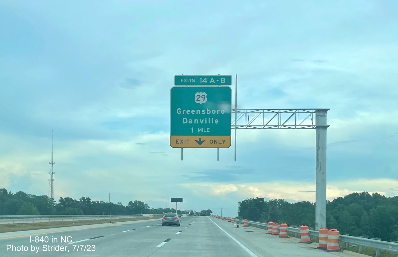 Image of newly placed 1 mile advance sign for US 29 (Future I-785) exits on I-840 East, photo by Strider, July 2023