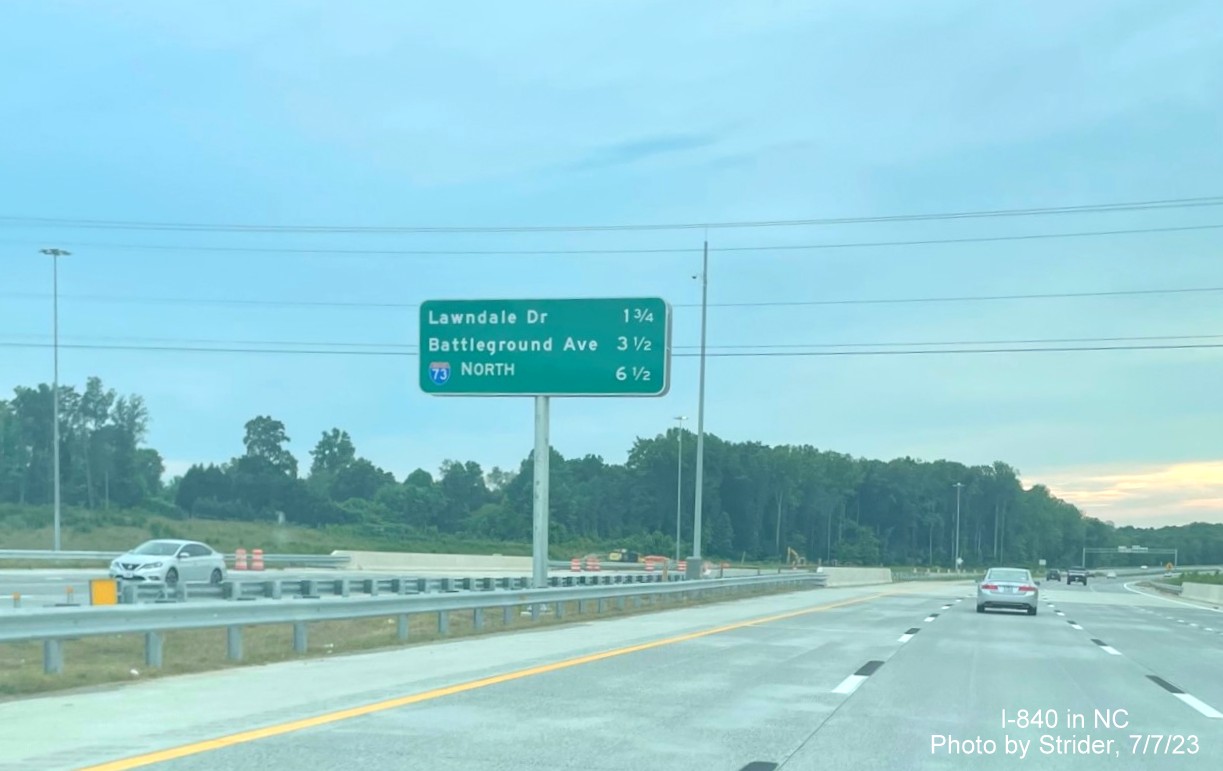 Image of newly placed post-interchange distance sign after the Yanceyville Street exit on I-840/Greensboro Loop West, photo by Strider, July 2023