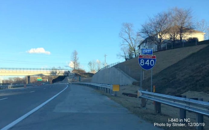 Image of new East I-840 reassurance marker on new opened section of I-840 Greensboro Urban Loop from US 220 to Lawndale Drive in Dec. 2019