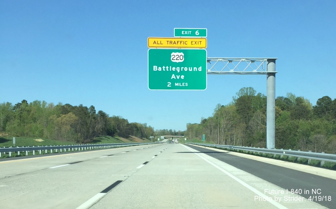 Image of overhead 2-mile advance sign for US 220 exit on newly opened segment of I-840 East/Greensboro Loop, by Strider