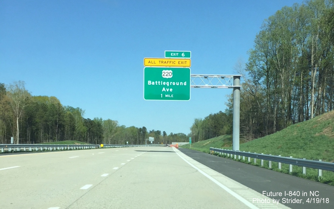Image of overhead 1-mile advance sign for US 220 exit on newly opened section of I-840 East/Greensboro Urban Loop, by Strider